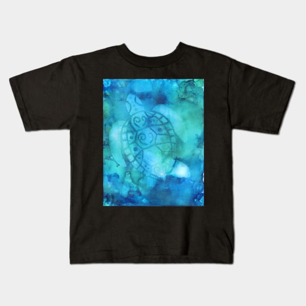 Sea Turtle in shades of blue and green Kids T-Shirt by bohomermaidgal